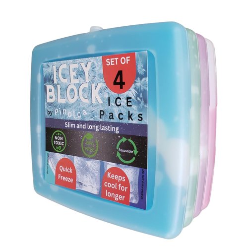 Pinolca Icey Block, Set of 4 Pack Slim Reusable Ice Packs for Lunch Bags, Boxes, and Coolers, Quick Freeze and Space Saving (Multi-Colored)