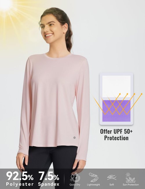 baleaf Women's Long Sleeve Workout Tops Running Athletic Hiking Shirts Quick Dry Loose Fit UV Lightweight Tees Pleated Back UPF 50+ Pink XL