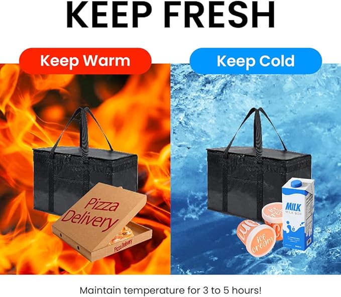 NZ home Durable XXL PRO Insulated Cooler Bag and Food Warmer for Delivery & Grocery Shopping with Zippered Top, Black Commercial Grade (1 Pack)