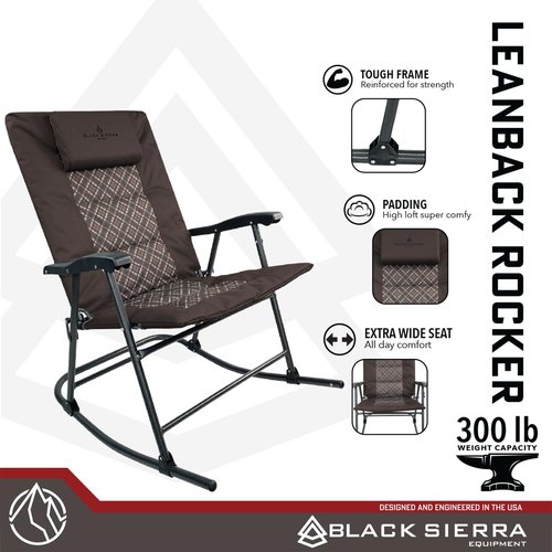 Black Sierra High Back Folding Rocking Chair, XL Oversize Camping Rocker Supports 300 LBS, Padded Portable Heavy Duty Armchair for Deck and Patio