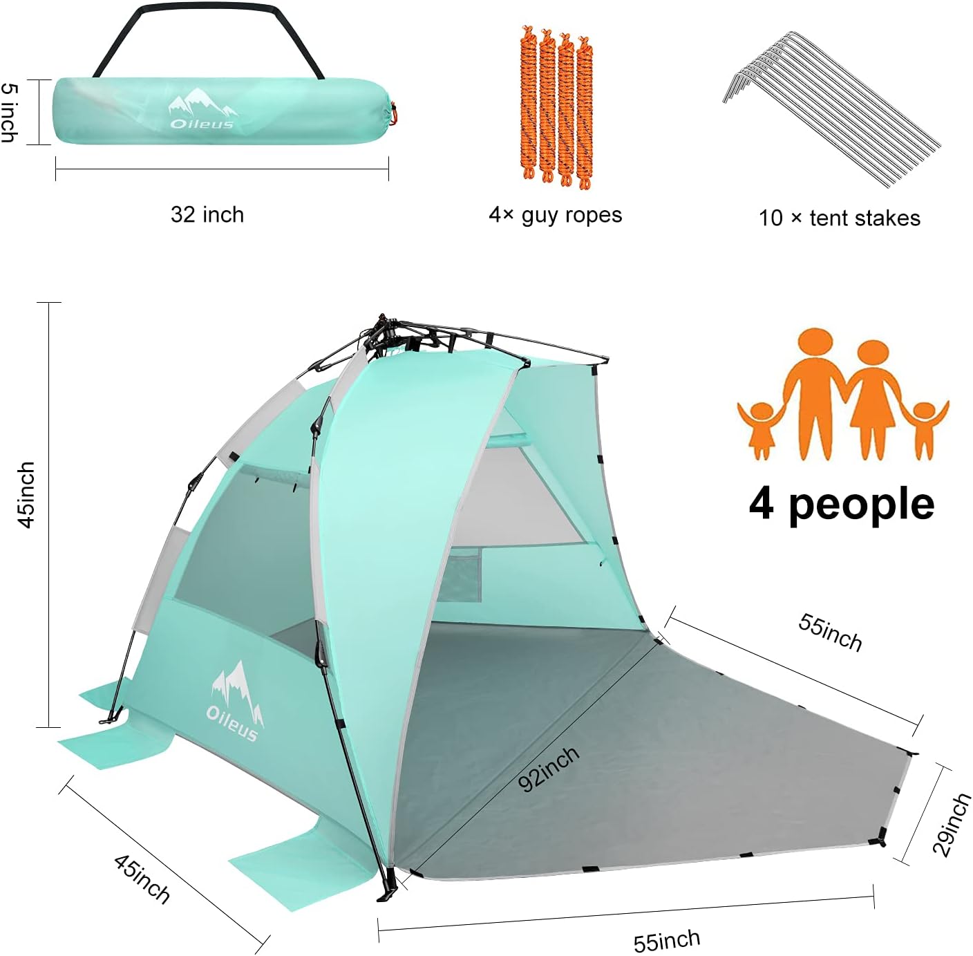 Oileus X-Large 4 Person Beach Tent Sun Shelter - Portable Sun Shade Instant Tent for Beach with Carrying Bag, Stakes, 6 Sand Pockets, Anti UV for Fishing Hiking Camping, Waterproof Windproof, Orange