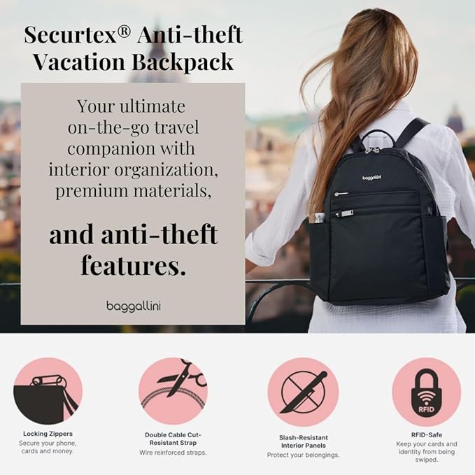 Securtex® Anti-theft Vacation Travel Backpack 10x13" Slash-Resistant Nylon Daypack w/RFID, Portobello