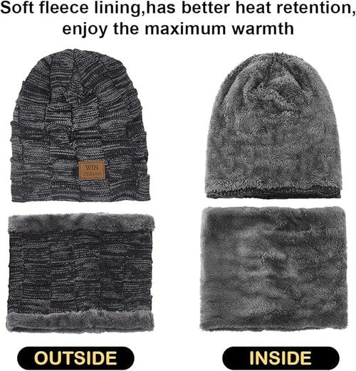 Mens 3 Pieces Winter Warm Beanie Hat Scarf and Touchscreen Gloves Set,Knit Cap Neck Warmer with Fleece Lined (Beanie+Scarf+Gloves(Black01))