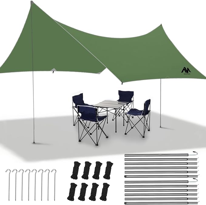 Camping Tarp with Poles - AYAMAYA Large Size 10x15 FT Tent Tarps - Waterproof Hammock Awnings Canopy Rain Fly Picnic Mat Survival Shelter for Backpacking Hiking Beach Sun Shade with Stakes & Guylines