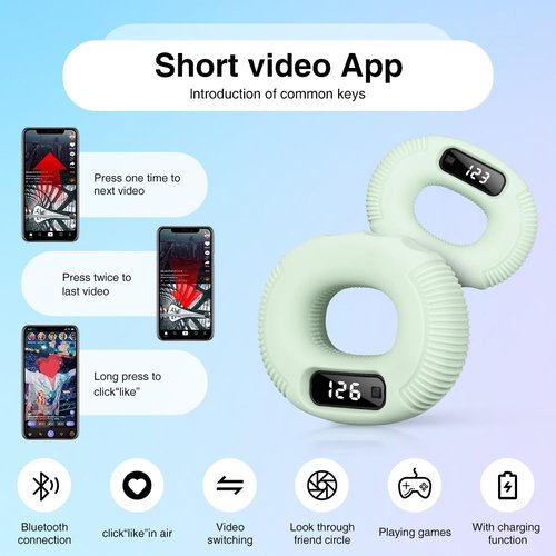 Smart LED Grip Strength Trainer with Squeeze Counter - Adjustable Hand Exerciser Ring for Men & Women, Bluetooth Remote Control for TikTok/Video Browsing, Portable Muscle Rehab (Green)