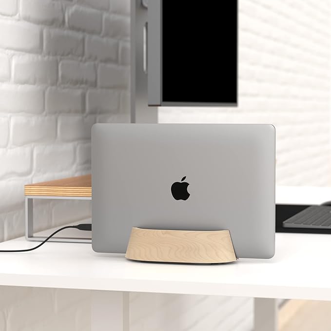 HumanCentric Vertical Laptop Stand in Maple Wood, Upright Adjustable Holder and Dock, Laptop Vertical Stand Fits MacBook Pro and Other Laptops .5" to 1.5", Clamshell Compatible