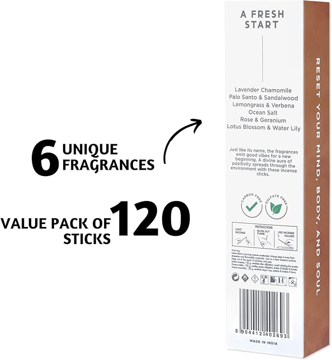 Folkulture Incense Sticks - Set of 6-120 Sticks, Palo Santo Incense Sticks, Sandalwood Incense Sticks, Lemongrass, Rose Geranium, Insense Sticks, Organic & Slow Burning Inscents