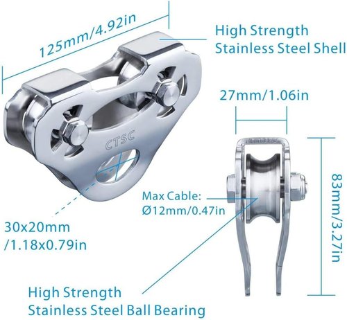 CTSC Climbing Pulleys with Oval Carabiner, Zipline Pulley Kit for Backyard Zipline, Hauling, Rigging and Commercial Purposes with Speed 35/s and Holds Upto 800lbs