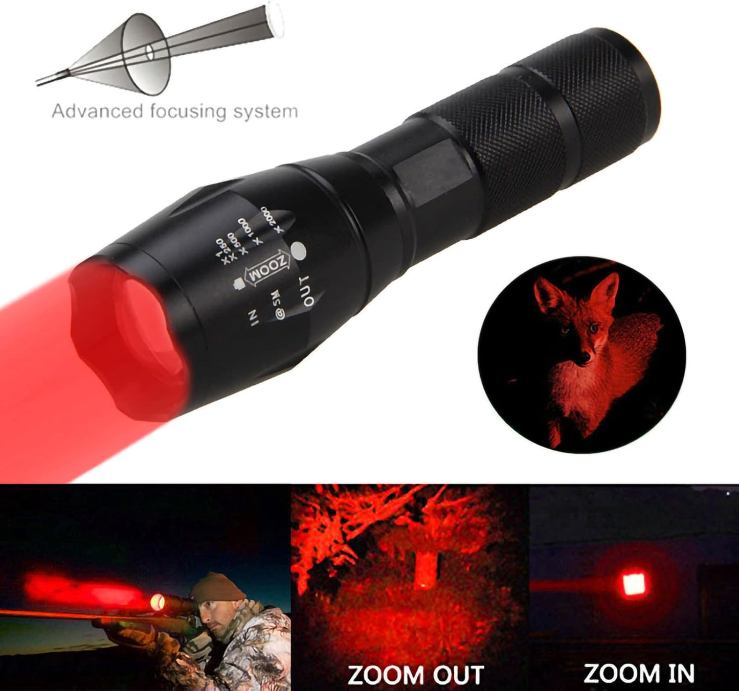 WINDFIRE Tactical Red LED Light Flashlight 300 Yards Zoom Focus Adjustable Flashlights Coyote Hog Fox Predator Varmint Hunting Lights Sets with Pressure Switch, Scope Mount