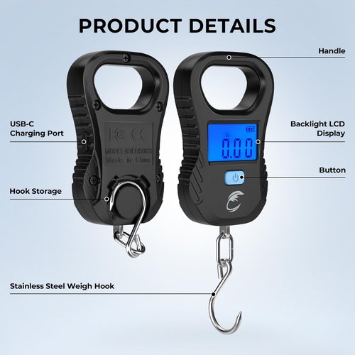 Calamus Lightweight Fish Scale, Rechargeable Digital Scale with USB Cable, 55lb Capacity, Multi-Units Pound/Ounces & Kilograms, High Accuracy, Backlight LCD Display, Fishing Gifts for Men
