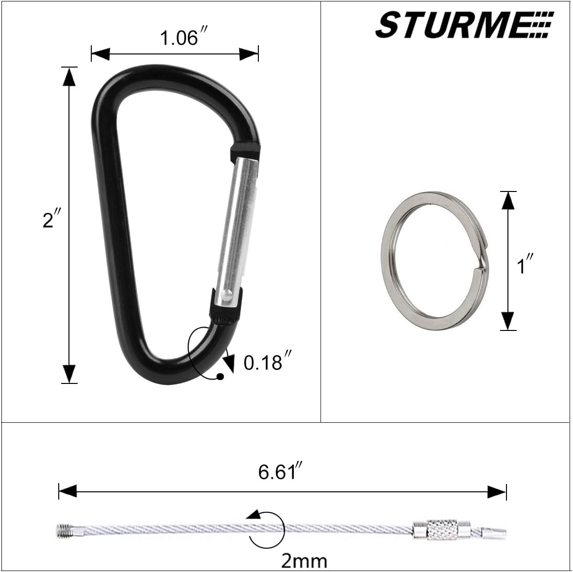 STURME 2" Aluminum D Ring Carabiners Clip D Shape Spring Loaded Gate Small Keychain Carabiner Clip Set Outdoor Camping Mini Lock Snap Hooks Spring Link Key Chain Durable Improved 24 PCS