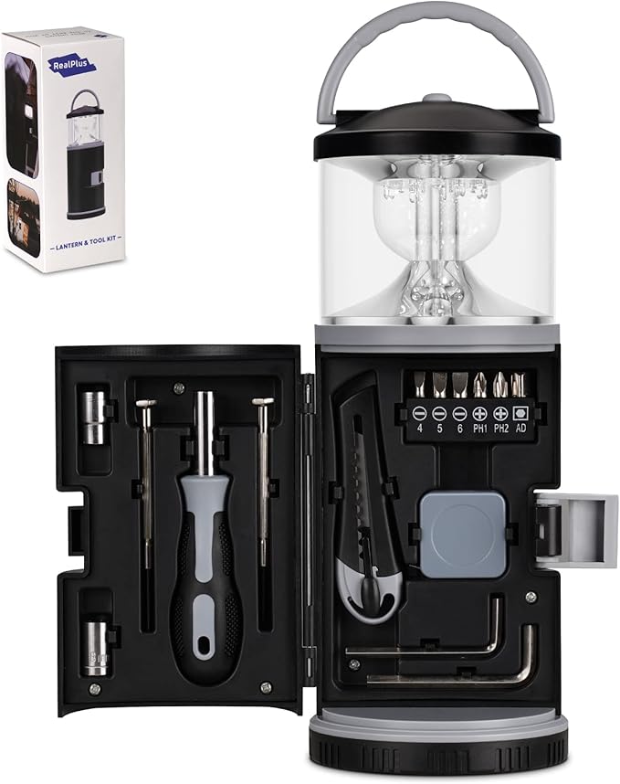 LED Lantern with Tool Kit, Fishing Gifts for Men, Christmas Gifts, Fathers Day Gifts, RealPlus Fishing Tool Kit for Men Dad Husband, Multitool Kit Gifts for Camping, Fishing, Hiking, Lighting