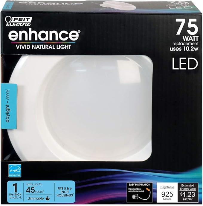 Feit Electric 5-6 inch LED Recessed Downlight - Pre-Mounted Trim - Standard Base Adapter - 5000K Daylight - Dimmable- 75W Equivalent - 45 Year Life - 925 Lumen - High CRI