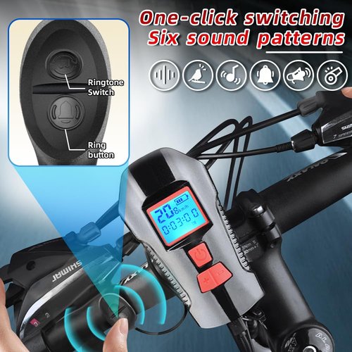 Super Bright 6-Bead LED Multi-Functional Waterproof Bicycle Light Set, USB Charging, Bicycle Headlight and Rear taillight, Intelligent Power Display and six Horn Sounds, Suitable for Night Riding