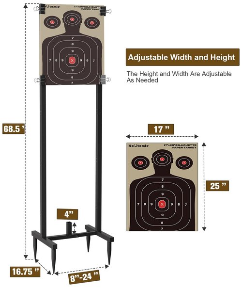 Koutemie Outdoor Shooting Target Stand with 10pcs 17x25 Inch Paper Targets, Heavy Duty Range Target Holder with Adjustable Base for Cardboard Silhouette, H Shape, Black