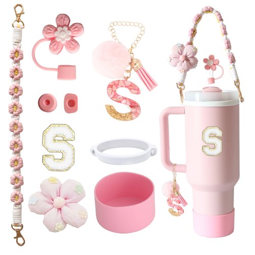 1ze1ziyo 9PCS Cup Accessories Set for Stanley Cup 30oz 40oz Tumbler - Including Water Bottle Handle Strap,Straw Cover Cap,Spill Proof Stoppers,Boot,Initials Letter Charm,Sticker,Flower,Letter S,Pink