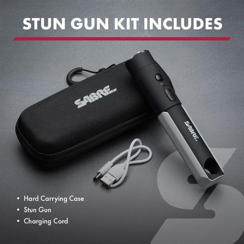 SABRE 2-in-1 Flashlight Design with Built-in Stun Gun, Powerful 1.76 µC Charge, 200 Lumen LED with 3 Modes; High, Low and Strobe, Rechargeable Battery, Hard Case and USB-C Charging Cord Included