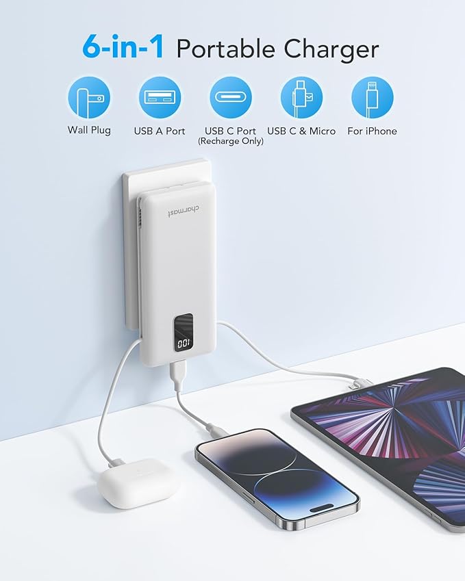 Charmast Portable Charger with Built-in Cables and Plug, 10000mAh USB C Power Bank Fast Charging 15W, External Battery Pack Slim, Travel Essentials Compatible with 16 15 14 13, Samsung Galaxy, iPad