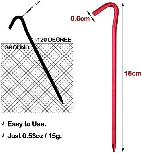 7075 Aluminum Tent Stakes 20 Pack - Ultralight 7 Inch Hook Tent Pegs with Carrying Pouch - Made for Camping Trip, Hiking and Gardening