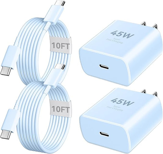 16 Pro Max Charger Fast Charging, 45W Super Fast USB C Charger Block with 10FT Long Charging Cord for Phones 16 Pro Max/16/15, Android-Blue