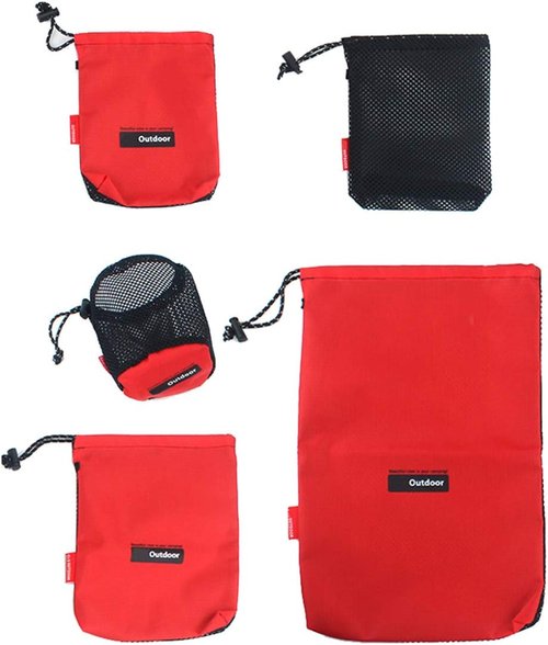 Drawstring Bags Pouch/Ditty Bag/Mesh Stuff Sack Camping Cord Bag Storage 5-in-1 Travel Use Nylon 5 Pieces (Red)