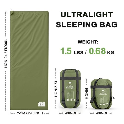 Ultralight Warm Weather Sleeping Bag - Portable, Waterproof, Compact Lightweight, Comfort with Compression Sack - Great for Outdoor Camping, Backpacking & Hiking -75" L x 30" W Fits Adults