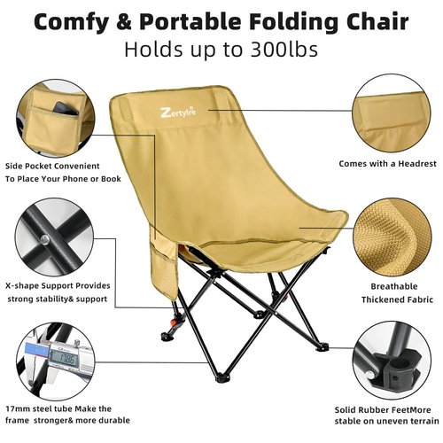 Zertylre Camping Chair for Adults, Portable Adjustable Folding Chairs Set with Side Pockets for Outdoors Fishing, Hiking, Backpacking, Picnic, Beach, Travel, Supports to 300lbs, & Storage Bags (Khaki)