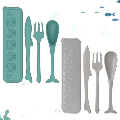 Reusable Travel Utensils Set with Case, Ocean Themed Plastic Cutlery Set Fork and Spoon Set for Lunch Box Accessories, Portable Flatware Utensil Set for Daily Use or Outdoor (gray + dark green)