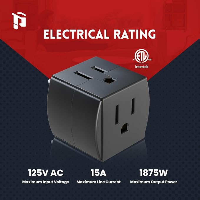 3 Outlet Wall Adapter, 90 Degree 3 Way Plug Adapter Cube Tap, 3 Prong Multi Plug Outlet, Outlet Extender for Home Office School Dorm, ETL Listed, Black, 3Pack
