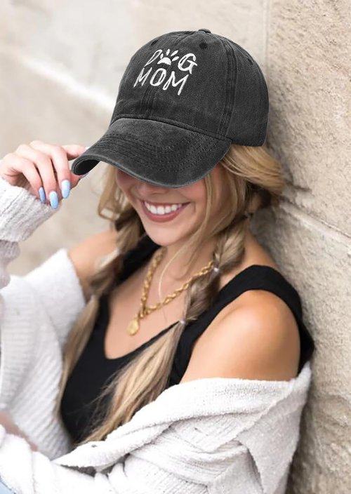 Dog Mom Hat Black Baseball Cap for Women Adjustable Vintage Washed Cotton Distressed Baseball Snapback Caps