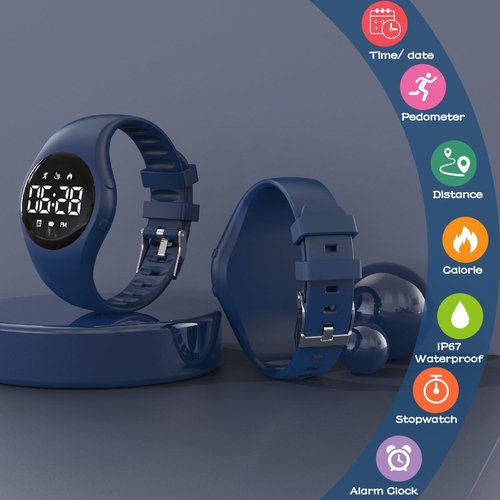 Kids Led Digital Pedometer Watch, Steps Counter, Waterproof Wristwatch, Vibrating Alarm Clock, Stopwatch, Great Gift for Kids Children Teens Girls Boys (Deepblue)