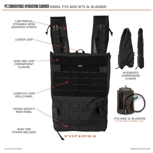 5.11 Tactical Water Hydration Carrier Pouch Backpack Attachment, PC Convertible, Black, Style 56665ABR