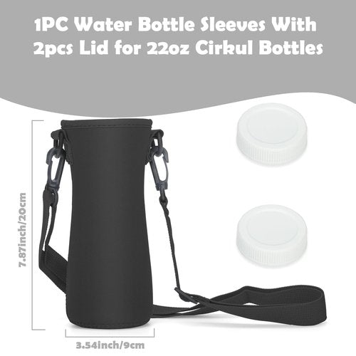 Taladad 22 oz Water Bottle Sleeve with 2Pcs Lids,Neoprene Insulated Water Bottle Case Cover Holder Carrier with Shoulder Strap for Cirkul Water Bottle (With shoulder straps, Black)