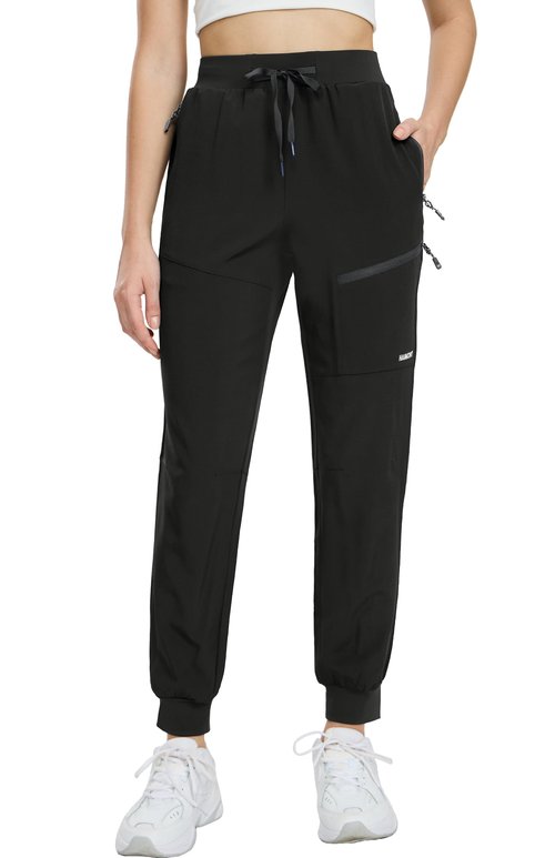 Haimont Women's Hiking Cargo Joggers Quick Dry Lightweight Stretch Travel Outdoor Pants with Zip Pockets, Black, S