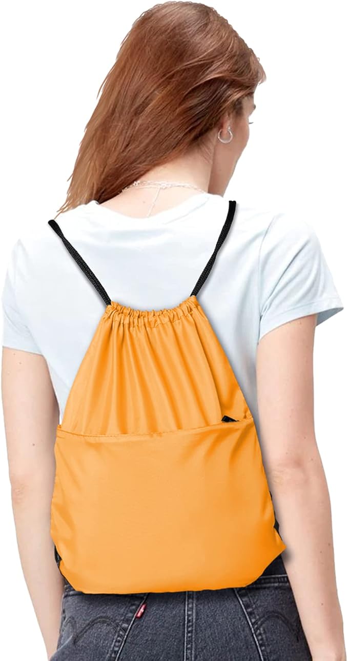 BuyAgain Drawstring Backpack Sports Water Resistant String Bag Sport Gym Sackpack for Women Men Large with Zipper, Orange
