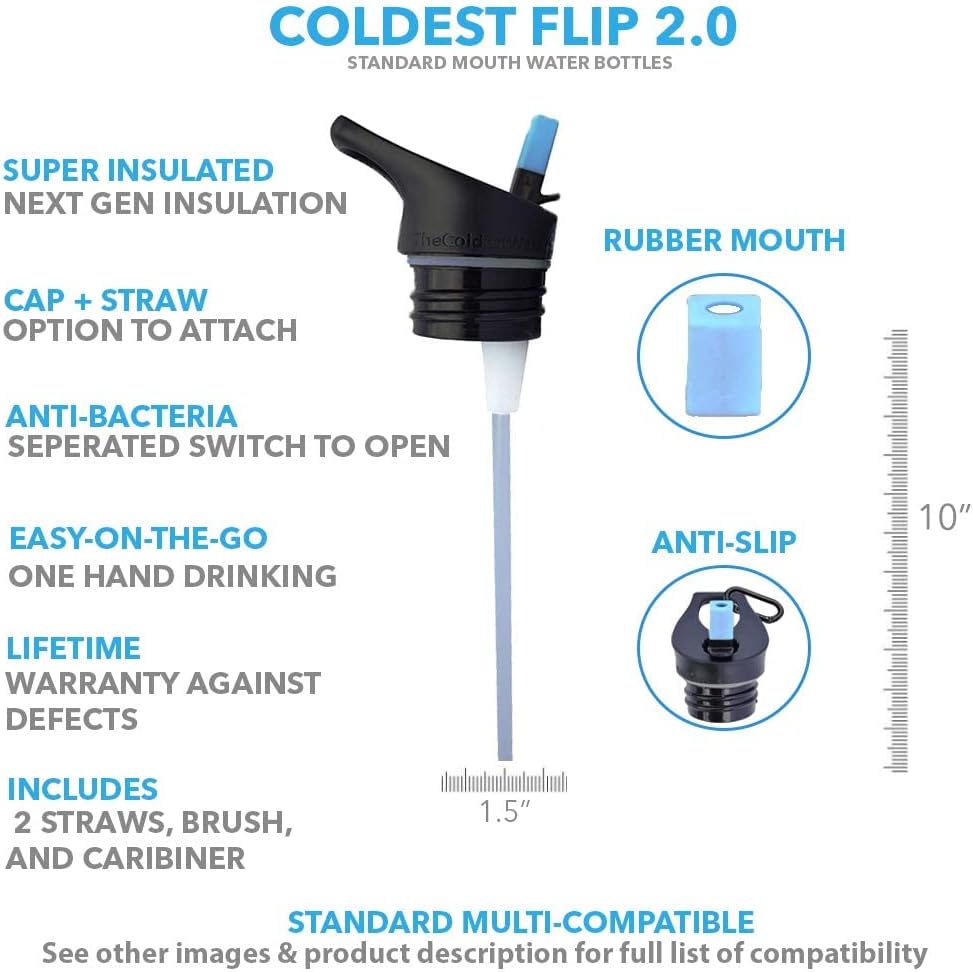 The Coldest Water Insulated Standard Mouth Size 2.0 - Hydro Sports Straw Cap Flip Top Lid - Multi-Compatible with Standard Flask Mouth Size Stainless Steel Water Bottles