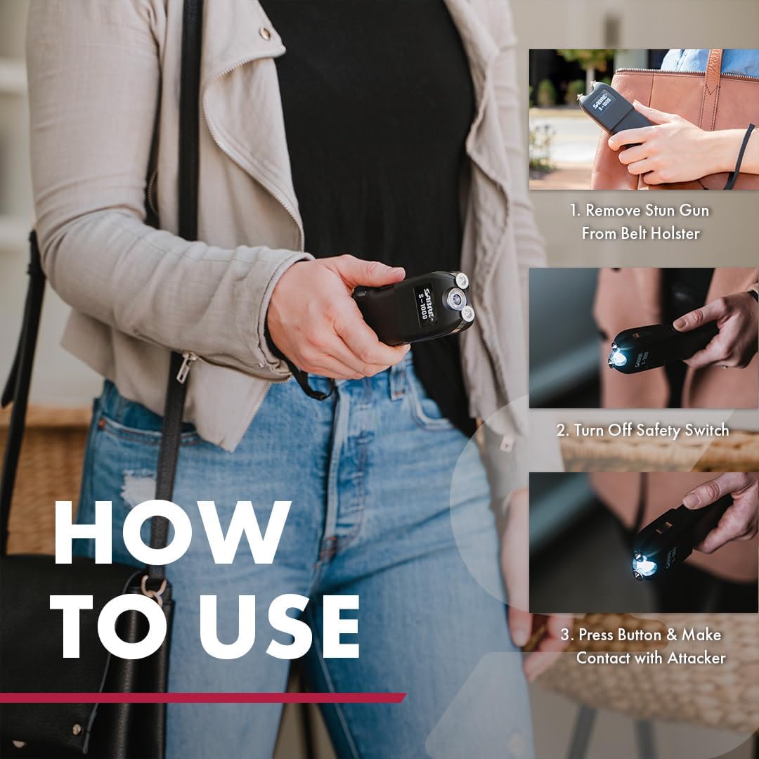 SABRE 2-in-1 Stun Gun with Flashlight and Anti-Grab Bar Technology, Painful 1.250 µC Charge, 120 Lumens, Rechargeable Battery, Safety Switch, Includes Wrist Strap and Belt Holster