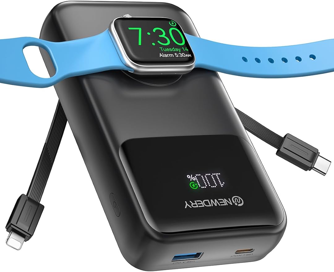 NEWDERY 20000mAh Portable Charger for Apple Watch, Power Bank Built-in Cables, PD 20W Fast Charging Travel Battery Pack with USB C Cable for All iWatch, iPhones, iPad, Samsung More Phones Tablets