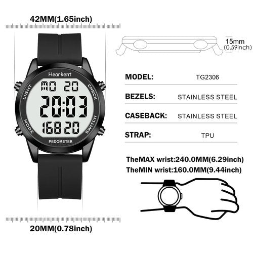 Hearkent Pedometer Watch for Walking for Senior No App Required with Steps Calories Counter and LCD Large Numbers(All Black)