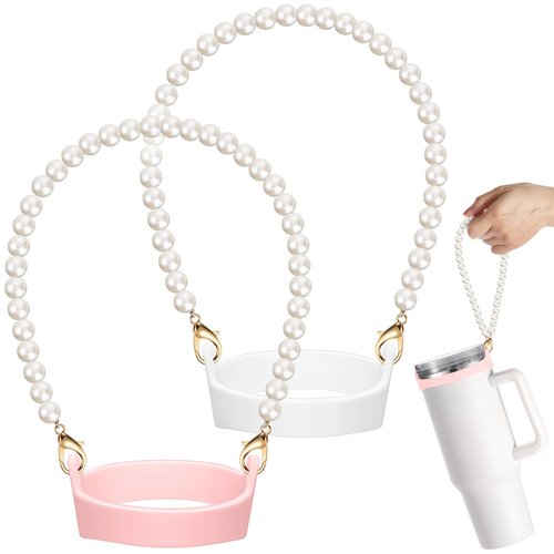 SiliFine 2 Pcs Silicone Water Bottle Handle Holder with Pearl Strap Compatible with Stanley Cup Accessories Sling Water Bottle Carrier Holde Fits Most 8-40 oz Tumbler Gift for Woman(White,Pink)