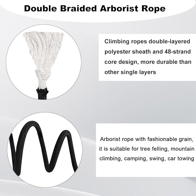 Double Braided Arborist Rope - 1/2 Inch x 150 Feet Polyester High Strength Climbing Rope for Tree Work, Swing, Halyard, Sailing(Black)