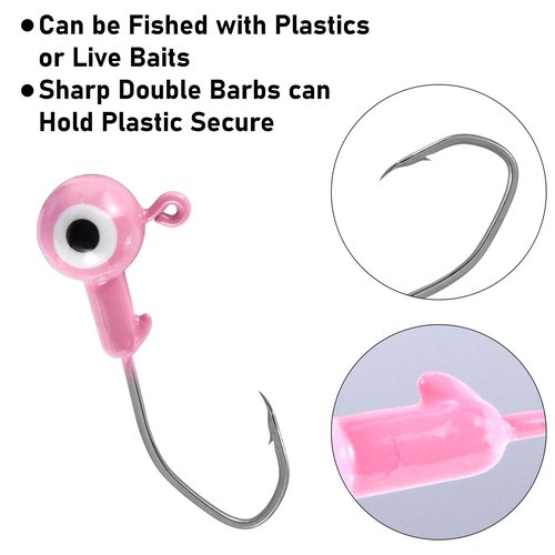 Dr.Fish 20 Pack Fishing Jig Heads, Crappie Jigs Round Ball Sickle Hooks Freshwater Fishing Hook Lures Bass Trout Panfish Bluegill 3/8oz Pink