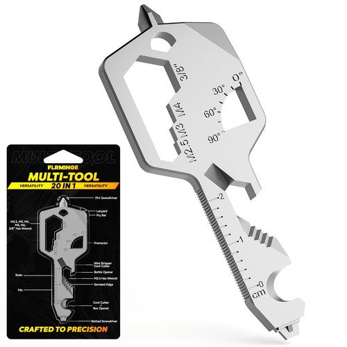 Key Shaped Pocket MultiTool 20-in1 Multi Tool, Stainless Steel Keychain Utility Gadget,Gift for Men, Women, Father,Groomsmen, Valentine's, Birthday, Christmas (Silver)