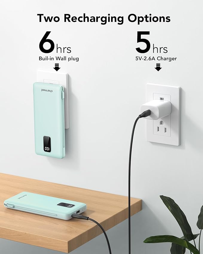 Charmast Portable Charger with Built-in Cables and Plug, 10000mAh USB C Power Bank Fast Charging 15W, External Battery Pack Slim, Travel Essentials Compatible with 16 15 14 13, Samsung Galaxy, iPad