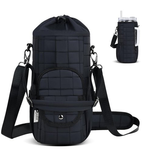 Water Bottle Carrier Bag Insulated with Phone Pocket Quilt Water Bottle Holder Pouch, Daily Use Sling Bag with Adjustable Strap, Large Space for Stanley 40oz Tumbler and Any Other Sports Water Bottle