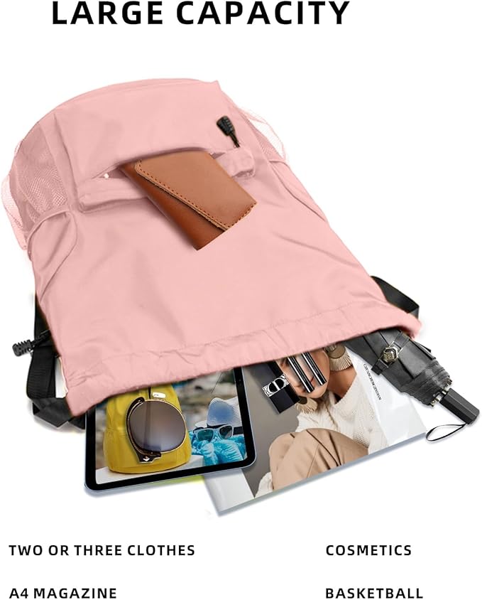 Sports Drawstring Backpack String Swimming Gym Bag Backpack with Shoes Compartment and Pocket for Men Women（pink