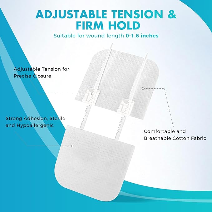 Zip Stitch Wound Closure Strips | 4-Pack Stitchless Butterfly Bandages | Adjustable Tension for Painless Laceration Repair, Post-Surgery Care & Emergency First Aid