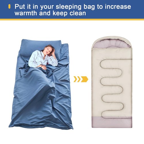 KOSMUSMO Sleeping Bag Liner, Ultralight Travel Sheet with Zipper and Compact Carry Bag, Portable Sleeping Camping Sheet, Soft Sleeping Bag Sack for Hotel, Hiking, Tenting, Camping