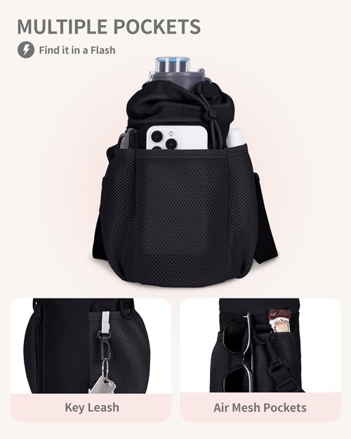 ECOHUB Water Bottle Holder with Strap, Full Coverage Stanley Cup 40/30 oz Tumbler, Insulated Water Bottle Carrier Bag with Back Safety Pocket, Crossbody Sling with Handle for Walking, Black