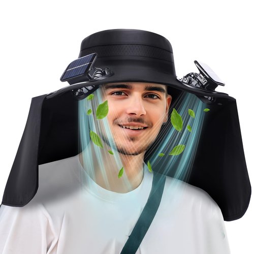 Chuarry Wide Brim Sun Hat with 2 Fan Outdoor Solar Powered USB Charging Fishing Hat with Neck Flap for Men Women(Black)